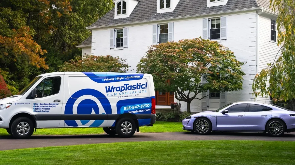 WrapTastic mobile service van beside a Porsche at a customer’s home